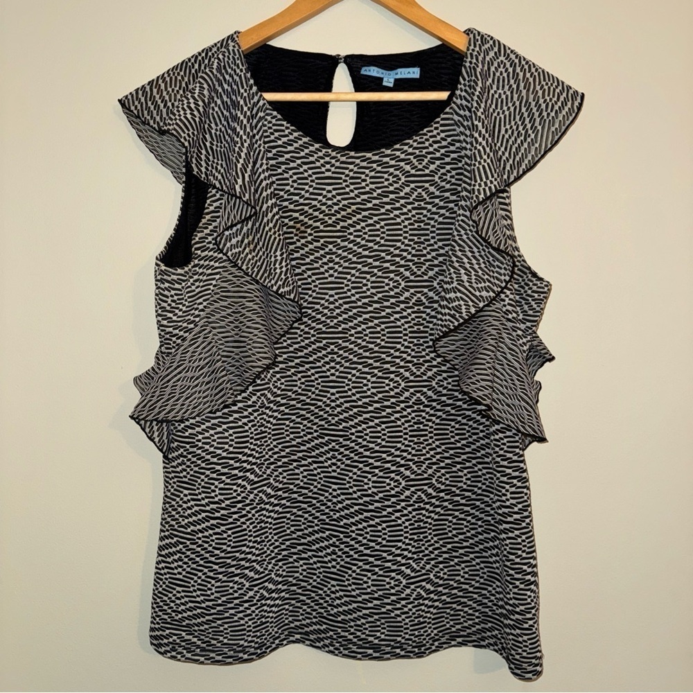 Antonio Melani Womens Black & White Flutter Ruffle Sleeve Blouse Shirt L - Picture 1 of 9